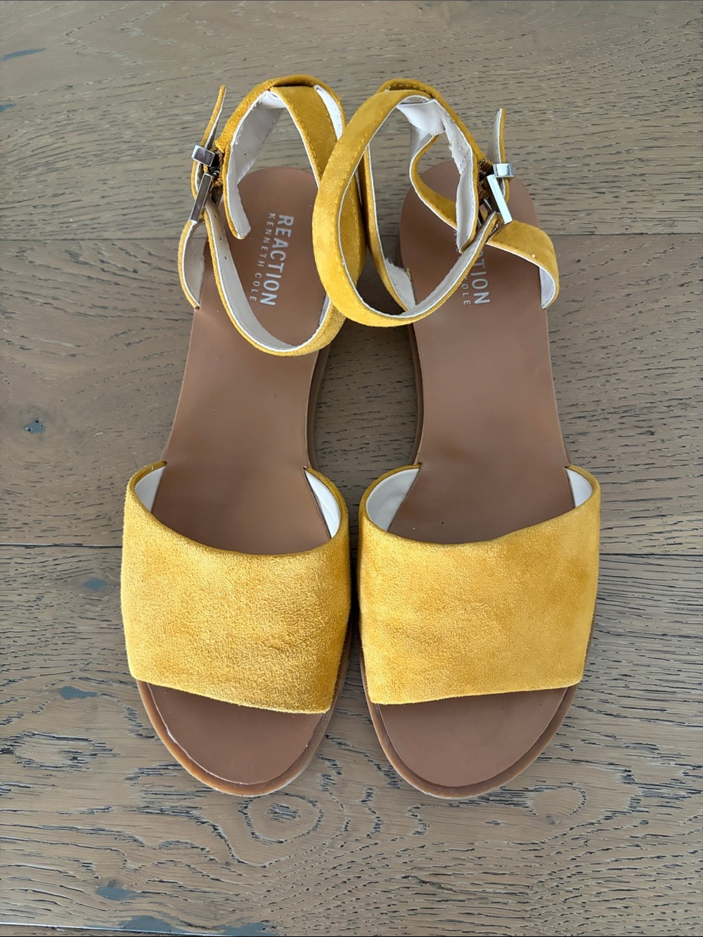 Reaction Kenneth Cole Mustard Yellow Suede Open-Toe Ankle-Strap Sandals, size 9